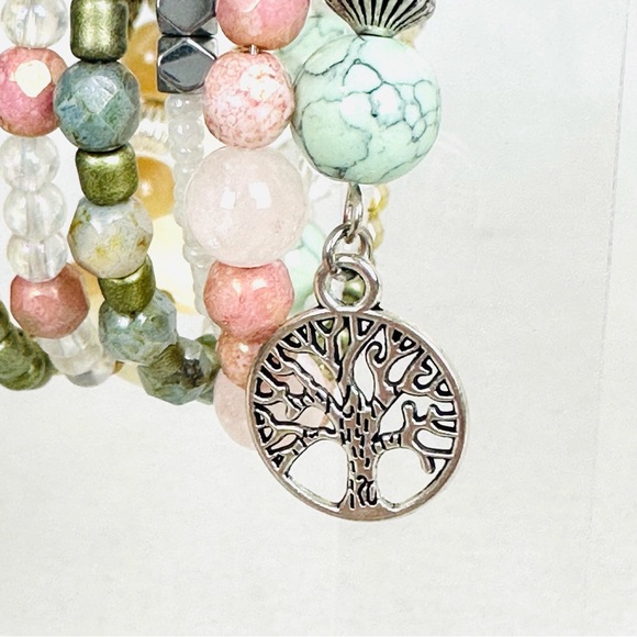 HANDMADE Memory wire Beaded Bracelet and Earring Set Sterling Silver Earwires - Picture 2 of 10